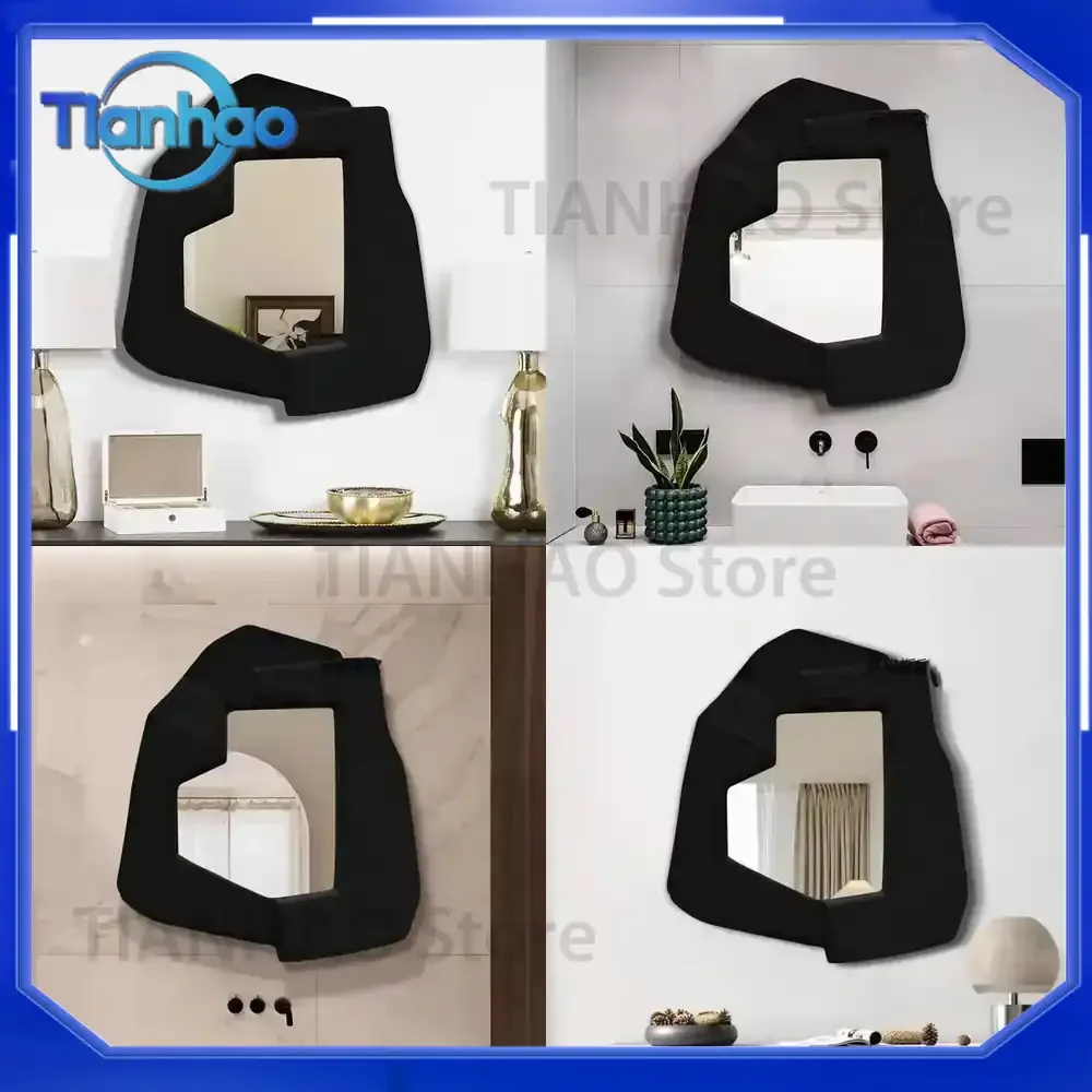 Black Irregular Wall-Mounted Bathroom Makeup Mirror 65x70 cm for Vanity Art Light Luxury Decorative Mirror