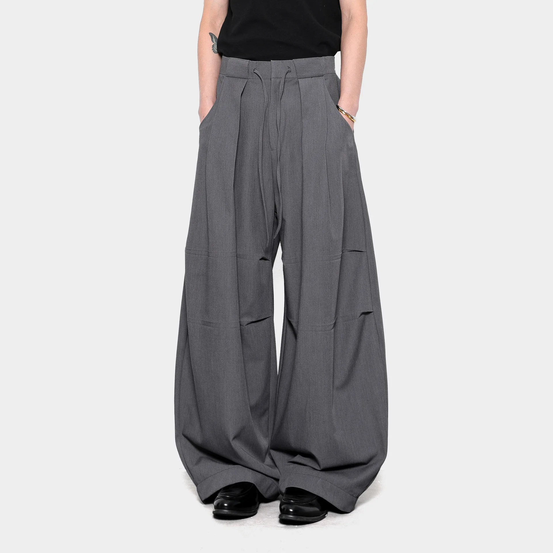 

American Autumn Retro Thin Grey Black Wide Leg Casual Pants Baggy Men and Women Drawstring Oversized Wide Dress Trousers