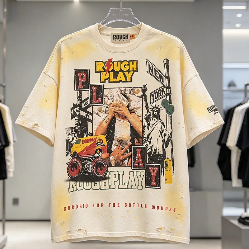 Rough Play Vintage Distressed Graphic Tee Men Oversized Hip‑Hop Short Sleeve Top