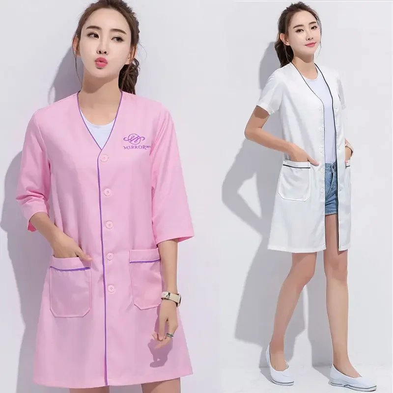 beauty uniform beautician Custom LogoSkin manager work clothes spa uniform white short-sleeve lab coat Salon Scrubs women logo