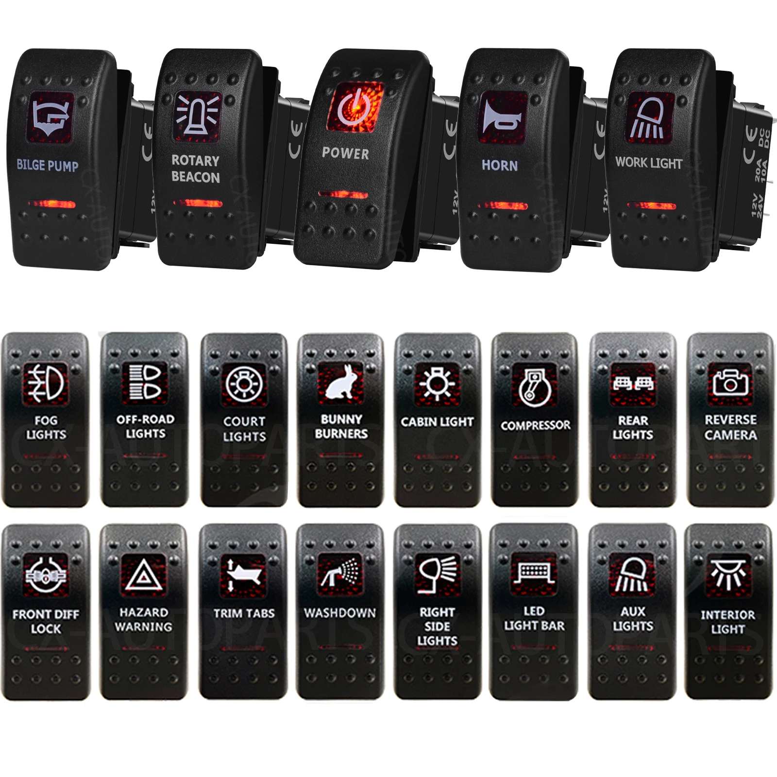 Waterproof Red LED Rocker Switch 12V 24V OFF Road Light ON OFF / ON OFF ON 3 Position Toggle for NARVA Carling ARB Style 4x4