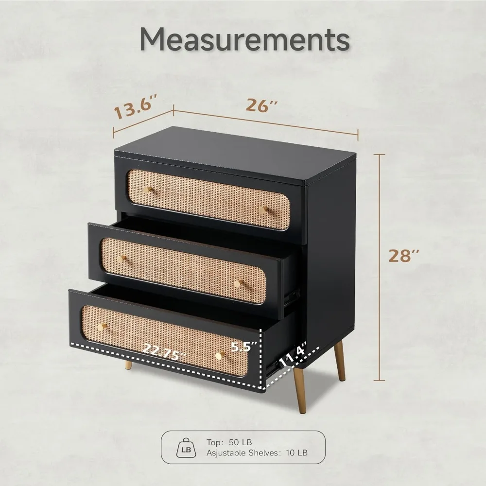 خزانة تخزين خشبية سوداء ذات 3 أدراج للمزرعة الحديثة، طاولة مميزة من الروطان، خزانة على الطراز البوهيمي لغرفة النوم