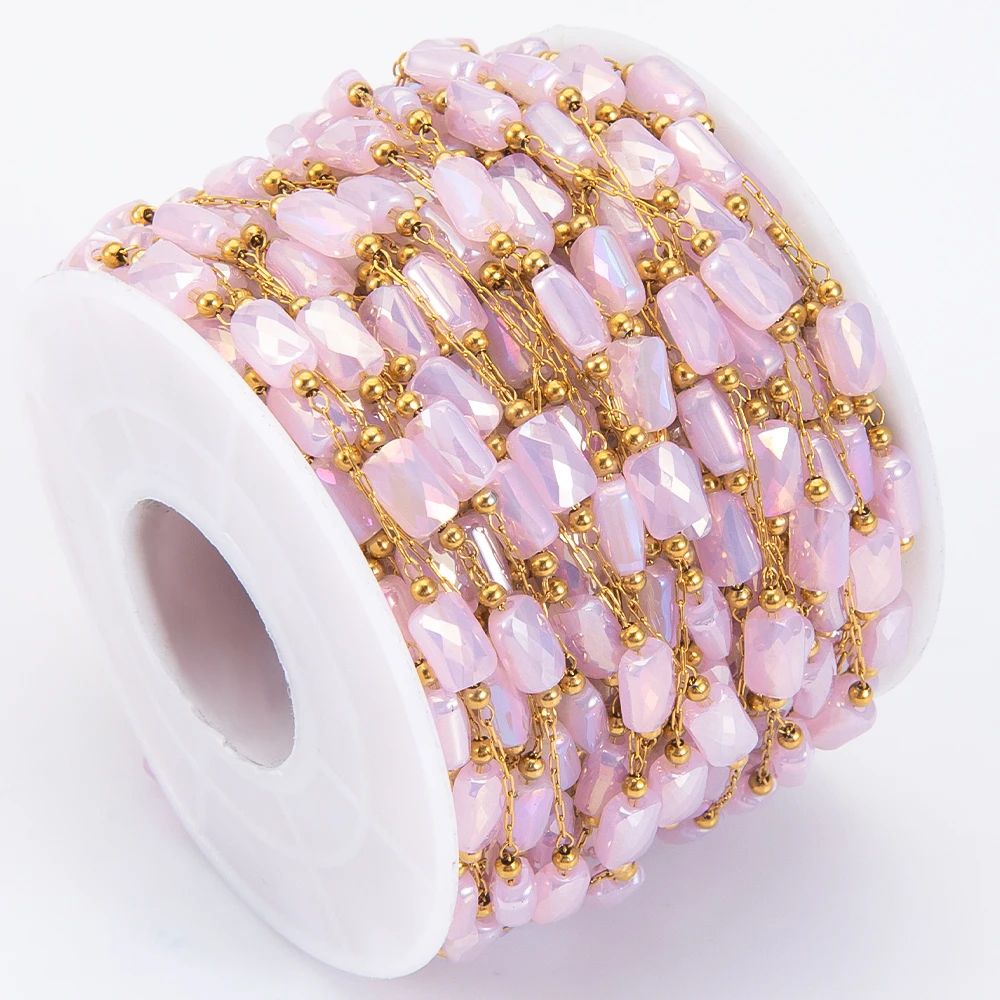 1 Meter Stainless Steel Pink Rectangular Crystal Beading Chain for DIY Necklace Bracelet Jewelry Making Accessories