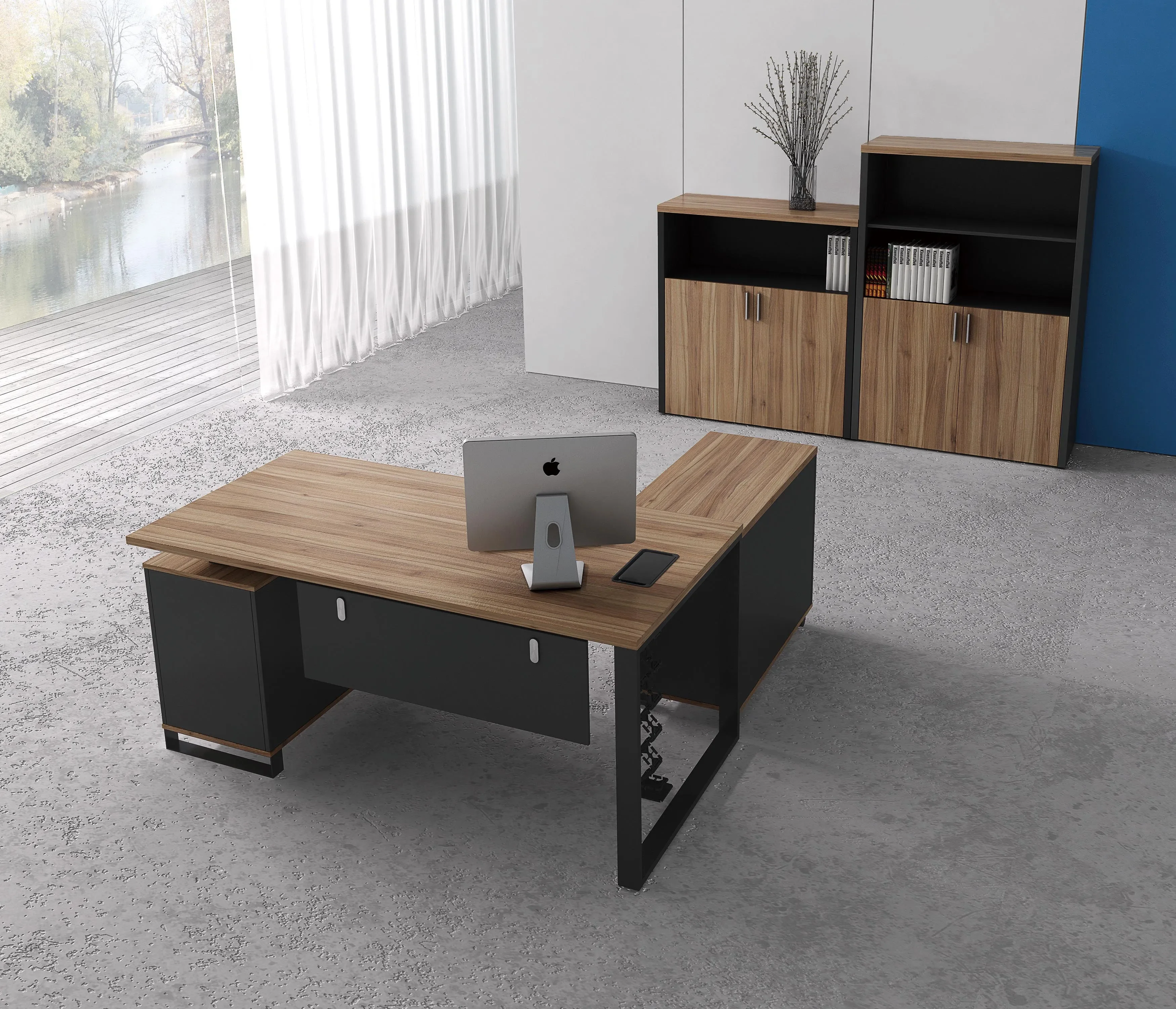 

A A 10-Person Meeting Table with Wooden Melamine Top and Black Base Frame Office Conference Room Furniture