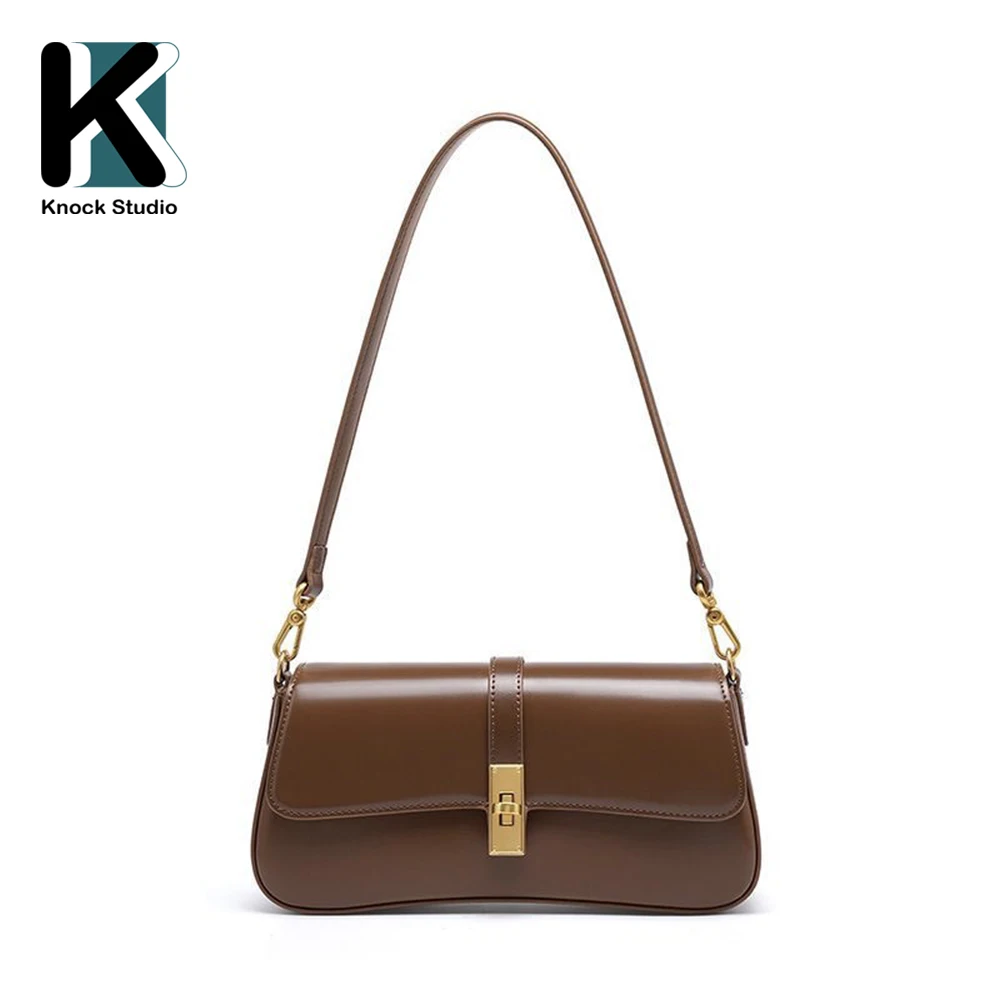 Knock New Trendy High Quality Vintage Fashion Genuine Leather Handbag Underarm Baguette Bag for Women Female Chic Deisgn