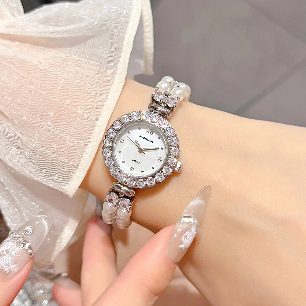 

X-GEAR Модные женские часы с маленьким циферблатом, женские аналоговые кварцевые наручные часы с жемчужным ремешком