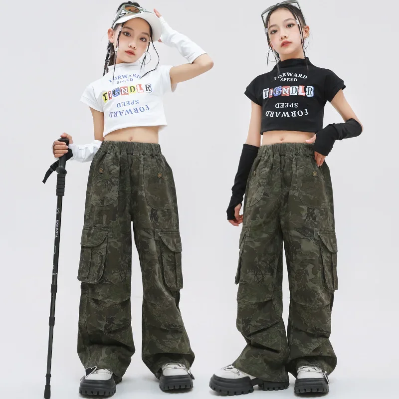 Novos trajes de dança jazz para meninas preto branco manga curta calças camufladas streetwear crianças roupas hip hop desempenho wear