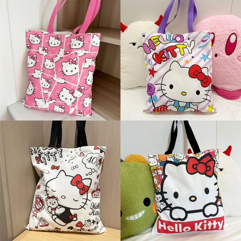 Hello Kitty Sanrio Canvas Bag Kawaii Anime Student Portable Large Capacity Makeup Wash Commuting Cartoon Storage Bags Girls Gift