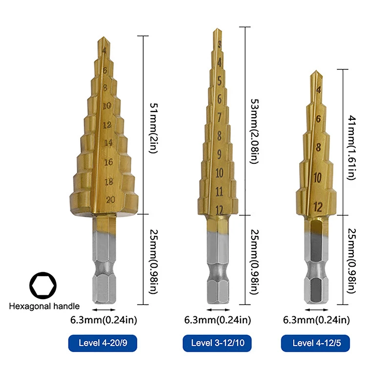 Hexagonal Handle Titanium Plated Ladder Drill Tower Drill Bit Set 3-12/4-12/4-20mm Small Three Piece Set