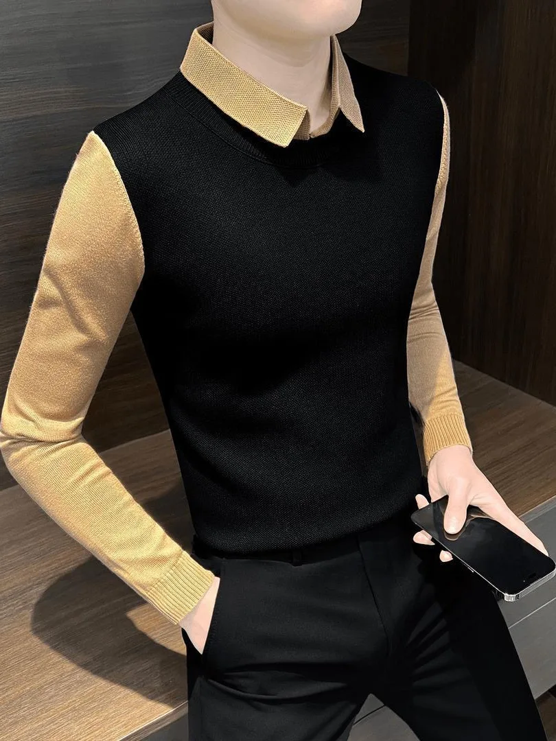 Men's Knitted Sweater Fake Two-Piece Style Spring Autumn Casual Fashion Soft Fabric Long Sleeve Button up Warm Top