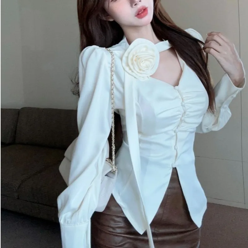 

Elegant Floral Neck Hanging V-Neck Slim Fit Bubble Sleeve Top Women's Autumn Asymmetrical Slit Stylish Korean Style Blouse