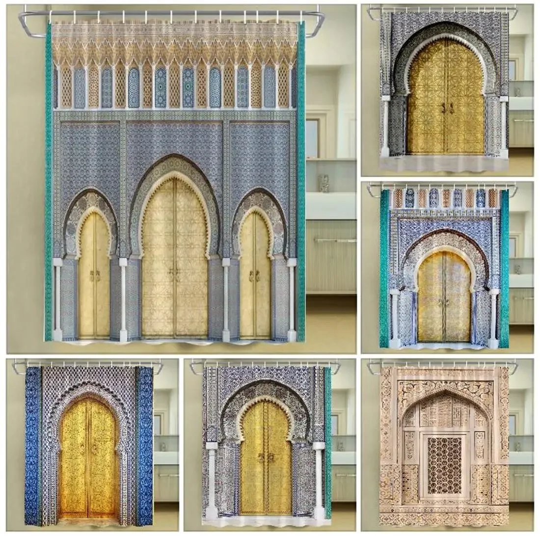 

Винтажная марокканская арка, дверная занавеска для душа, исламская антикварная дверь, геометрический узор, полиэстер, аксессуары для ванной комнаты, декор для ванной комнаты