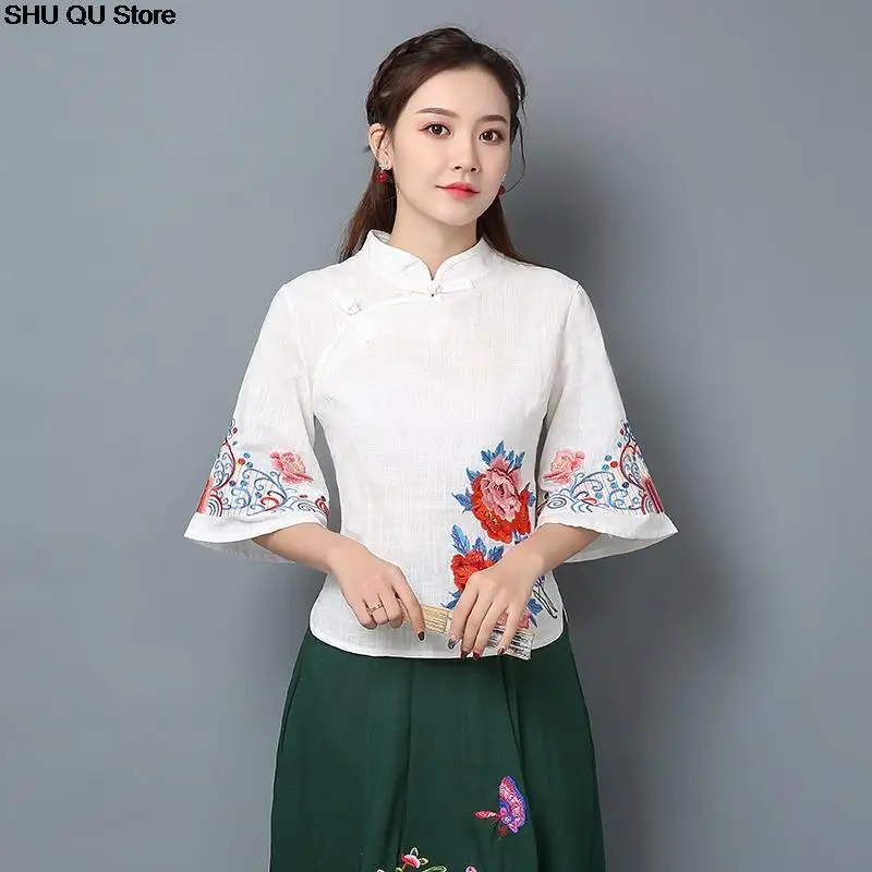 Retro Chinese Women Blouse Traditional Vintage embroidery Shirt Zen Summer Cotton Tang Suit Collar Cheongsam Top 