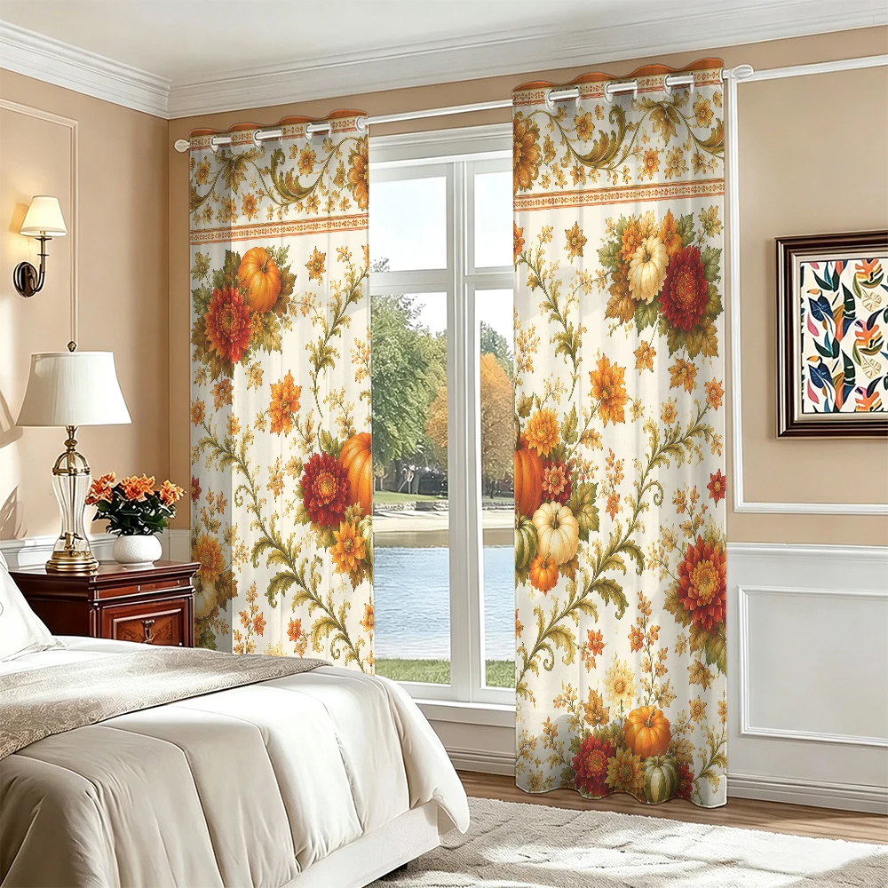 2PCS Retro Autumn Pumpkin Floral Border Printed Grommet Curtains Double Sided Privacy Window Drapes For Living Room Bedroom F