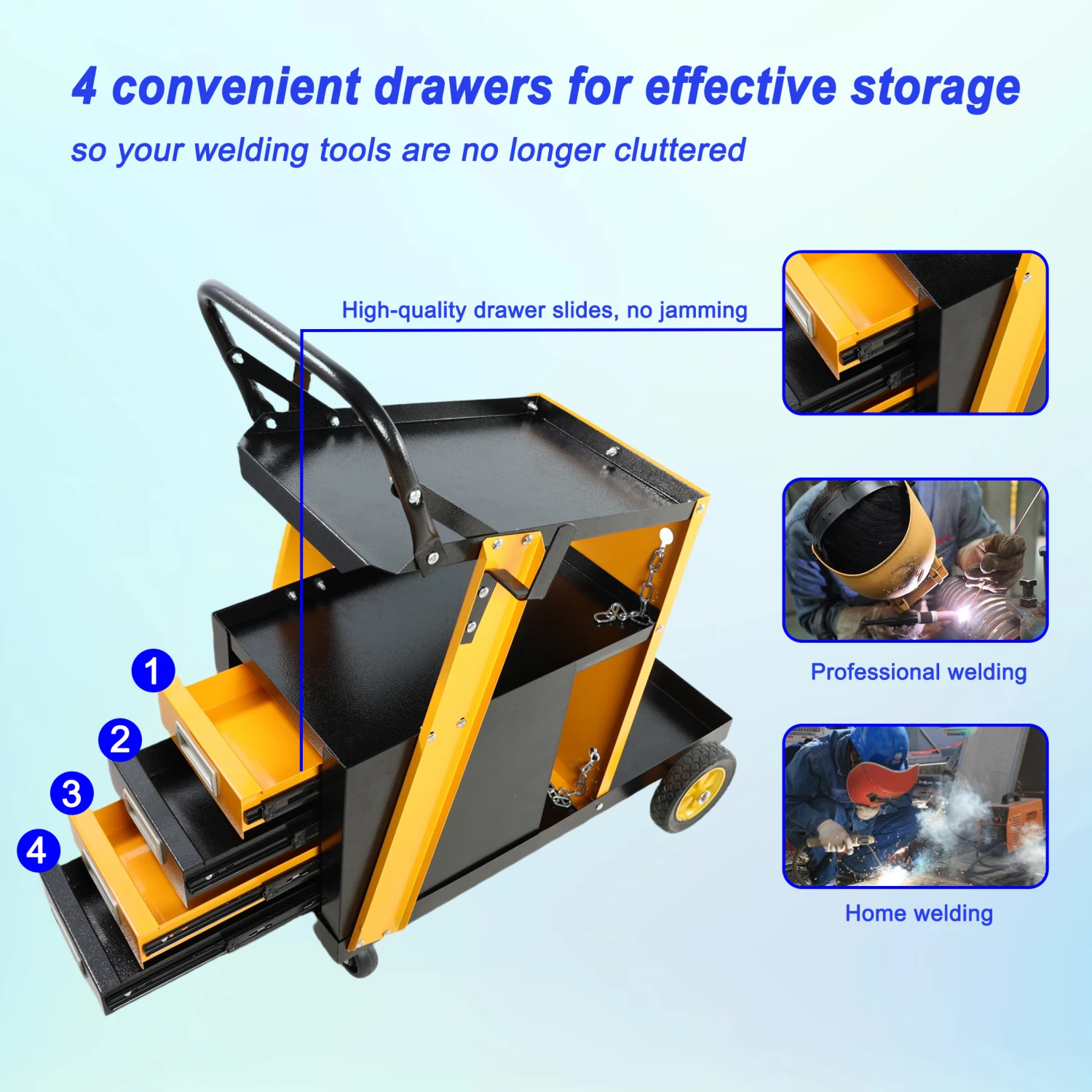 Multi-function welder trolley, MIG TIG ARC plasma cutter storage tank with 2 safety chains, portable 4-drawer chest, weight 280