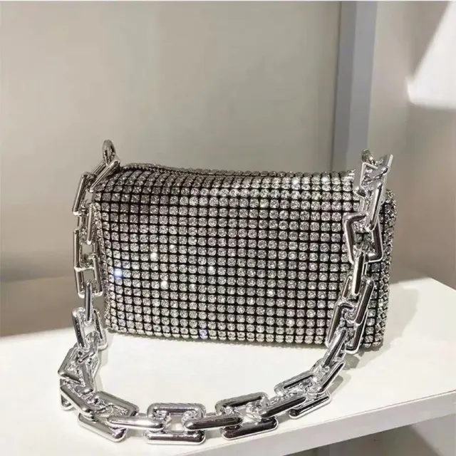Allover Rhinestone Bucket Bag, brokatowa torebka na studniówkę z łańcuszkiem, damska mini torba na ramię (6,3*3,54) cala