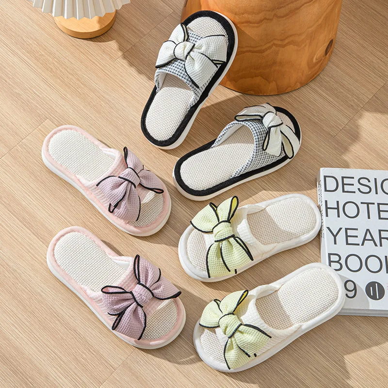 Wholesale European and American Thick Soled Home Cotton Linen Slippers for Women New Bow Linen Slippers Indoor Cool Slippers