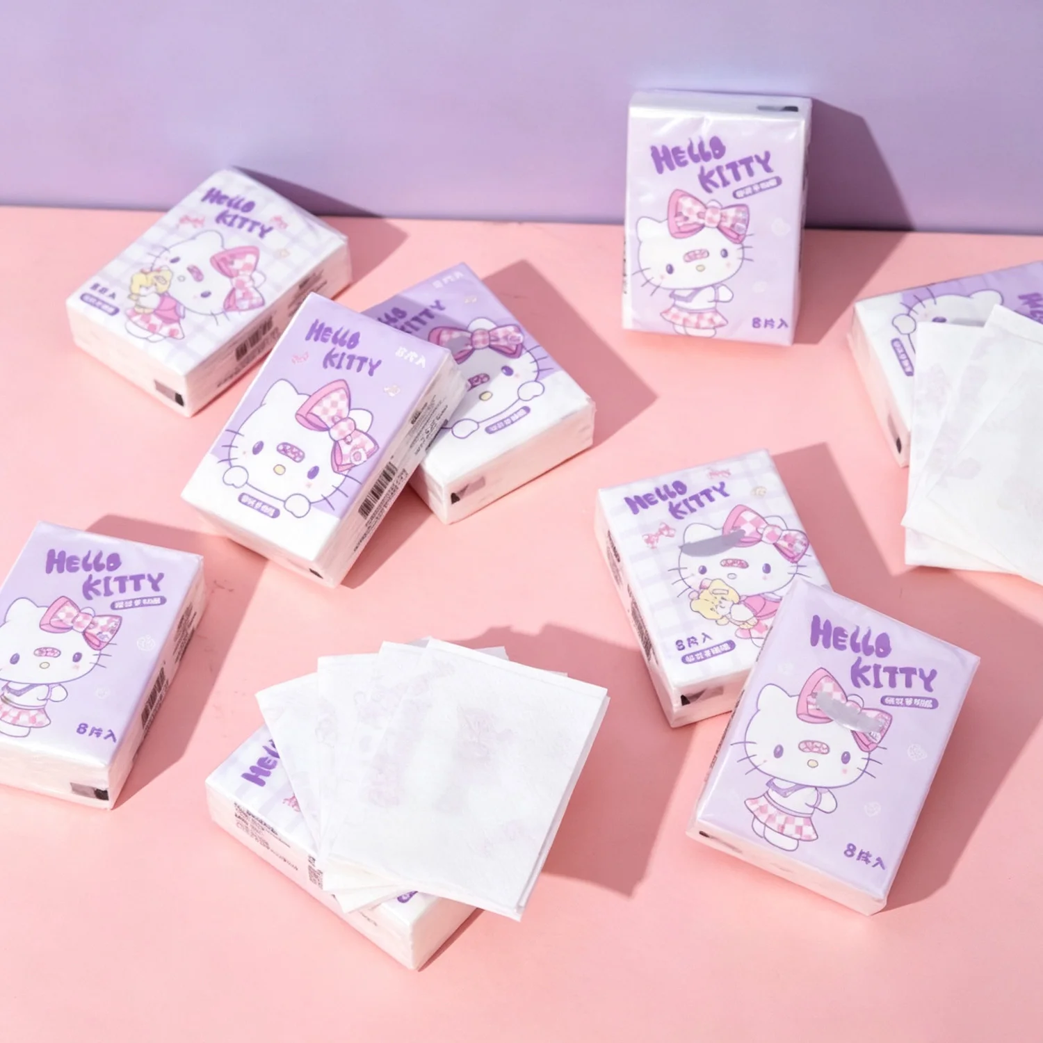 Hello-Kitty-Servietten mit Aufdruck, niedliches Charaktermuster, einzeln verpackt, Papiertücher für unterwegs, zum Essen, für den täglichen Gebrauch, als Geschenk. – Detail 7