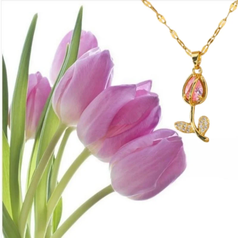 Fashionable Tulip Shaped Zircon Necklace for Women in Titanium Steel Material
