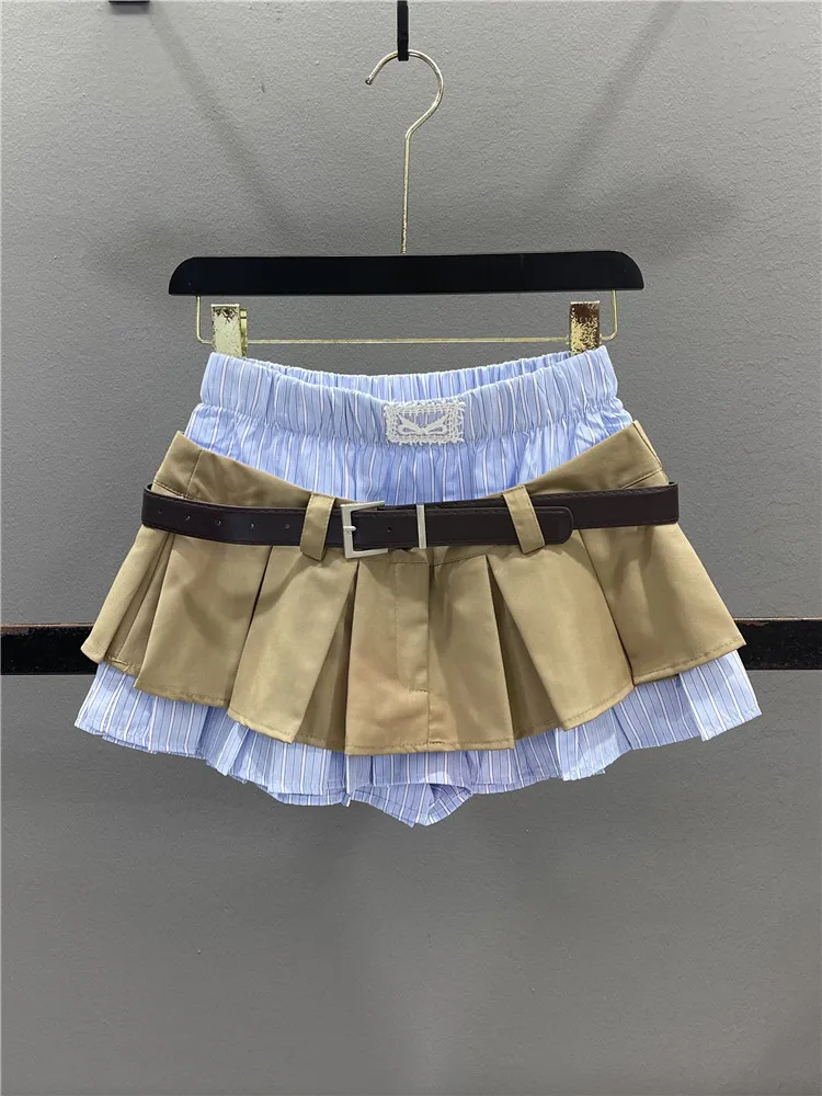 Slimming A-Line  Skirt with Stripe Splicing Double Layer Women's Summer Casual High Waist Pleated Short Skirt Pants