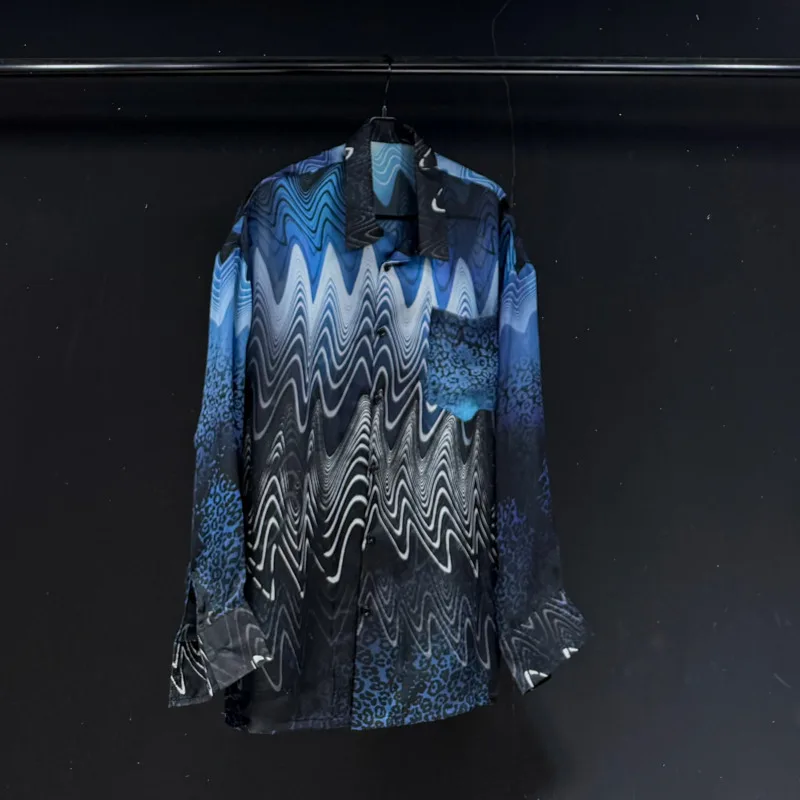 WVGA Spring Autumn New Men's Personalized Wave Design Street Style Printed Long Sleeve Shirt Loose Niche Chic Casual Tops W25652