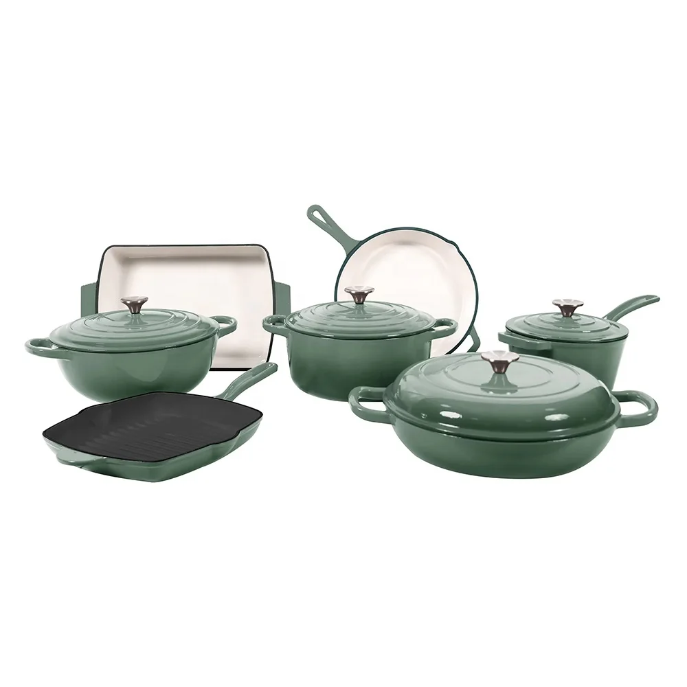 Stylish Design 11pcs Smooth Enamel Surface Durable Fast Heat Transfer Cast Iron Nonstick Cooking Pot Cookware Set