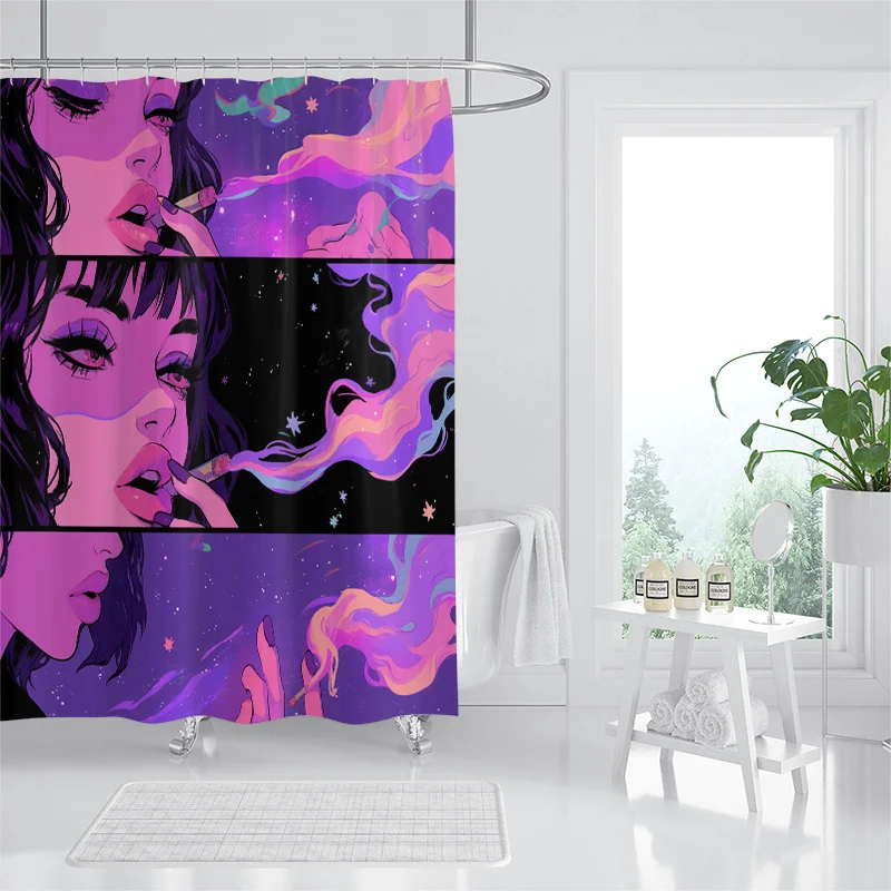 Abstrakter Duschvorhang mit Mädchenmotiv, psychedelischer Kunstdruck, lila und rosa Galaxie-Thema, trippy Dekor, wasserdichter Stoff-Badevorhang