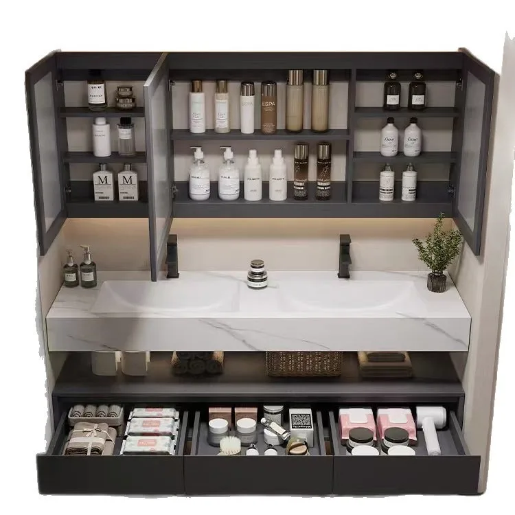 

Light luxury hotel style, bathroom cabinet combination, rock slab hot bending integrated basin, smart toilet