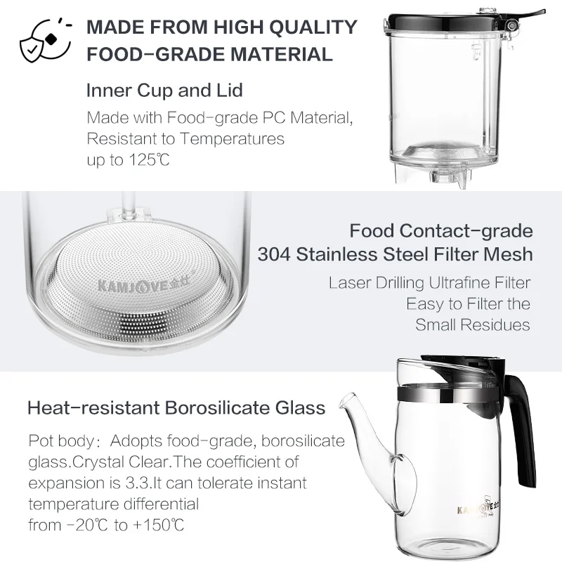 KAMJOVE Teapot One-button Filtering Tea Separation Kettle High Borosilicate Glass Tea Pot Transparent Art Tea Cup Kettle 750ml