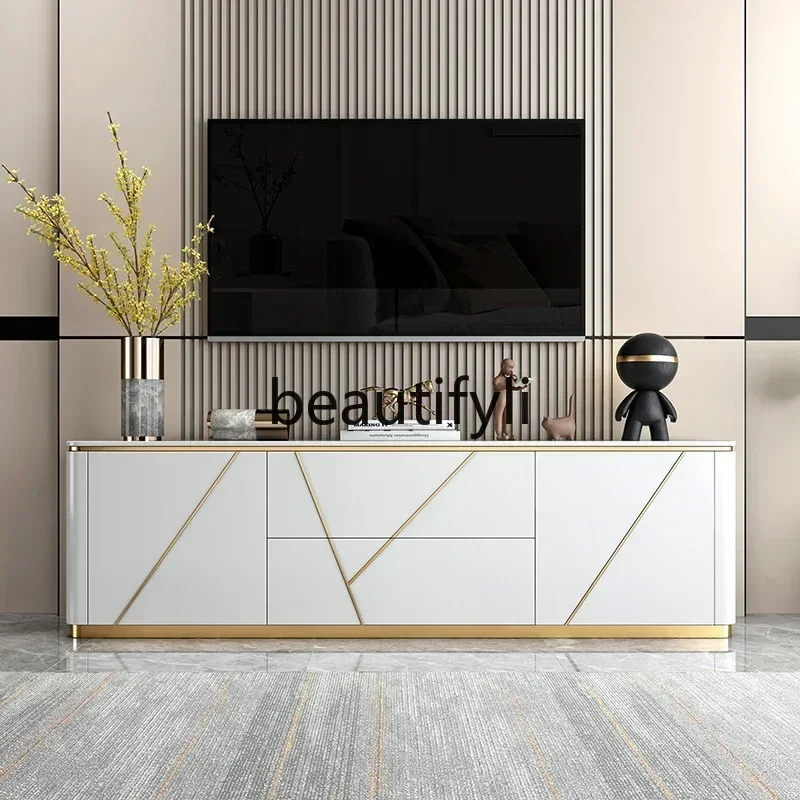 35Light luxury rock slab TV cabinet coffee table modern simple background wall cabinet small apartment household storage bedro