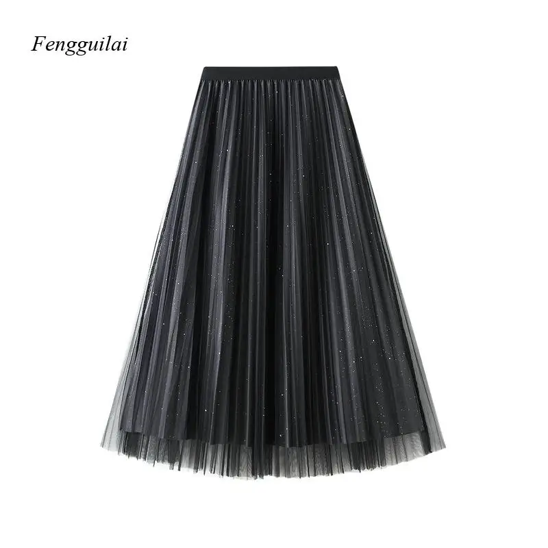 Women's Sparkle Mesh Midi Skirt - High Waist Pleated A-Line Fairy Skirt for Party