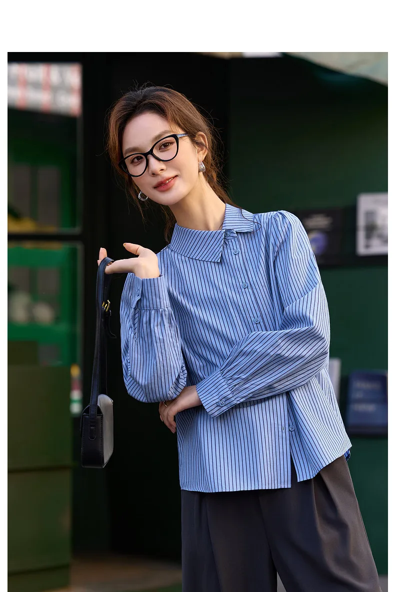 VIMLY Women's Blue Striped Shirt 2026 Spring New Irregular Placket Turn-Down Collar Long Sleeve Top Casual Commute Shirt A3711