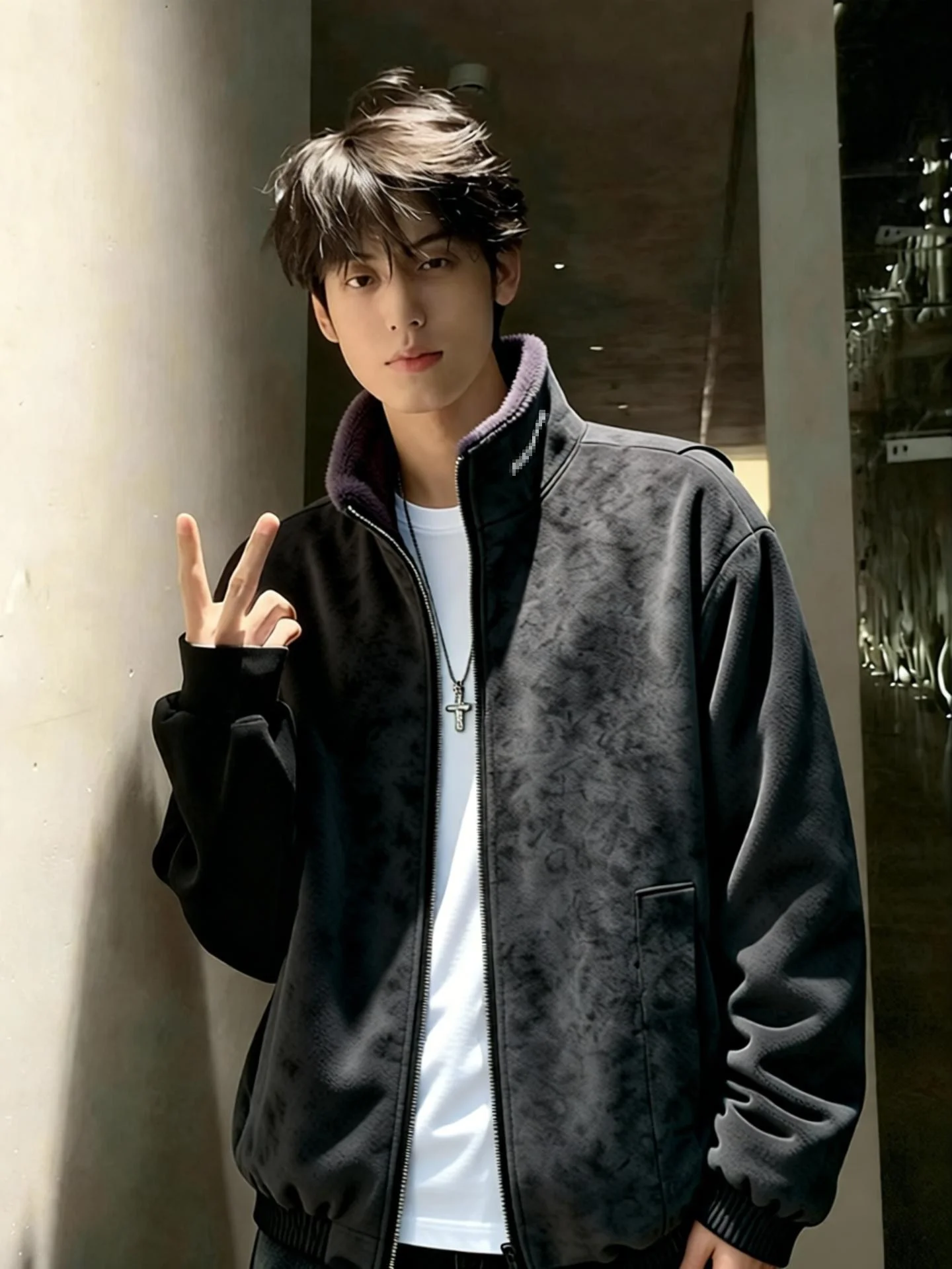 

American Sle Matte PU Leather ort Jaet Thi Warm Cotton Coat Stand Collar Men's Winter Workwear irt Sle Outerwear