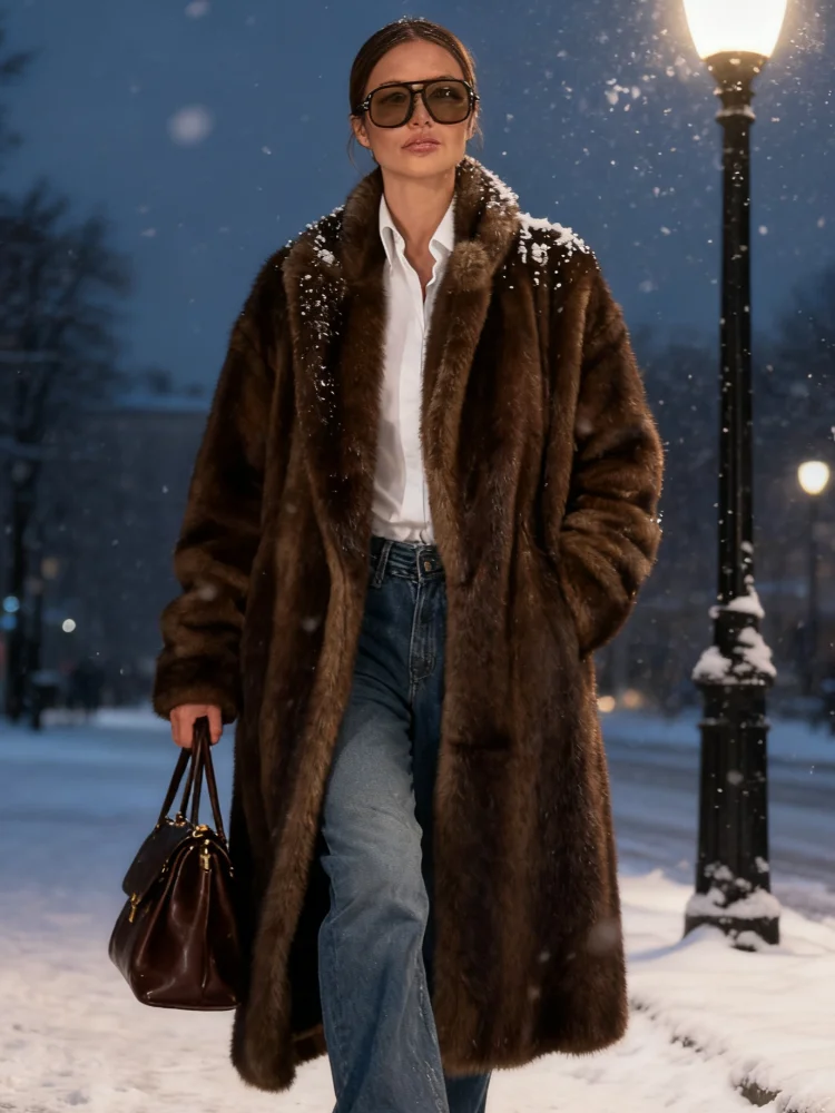 معطف نسائي طويل غير رسمي من الفرو الصناعي فضفاض بلون سادة وأكمام طويلة سترات فروي للسيدات معاطف شتوية دافئة