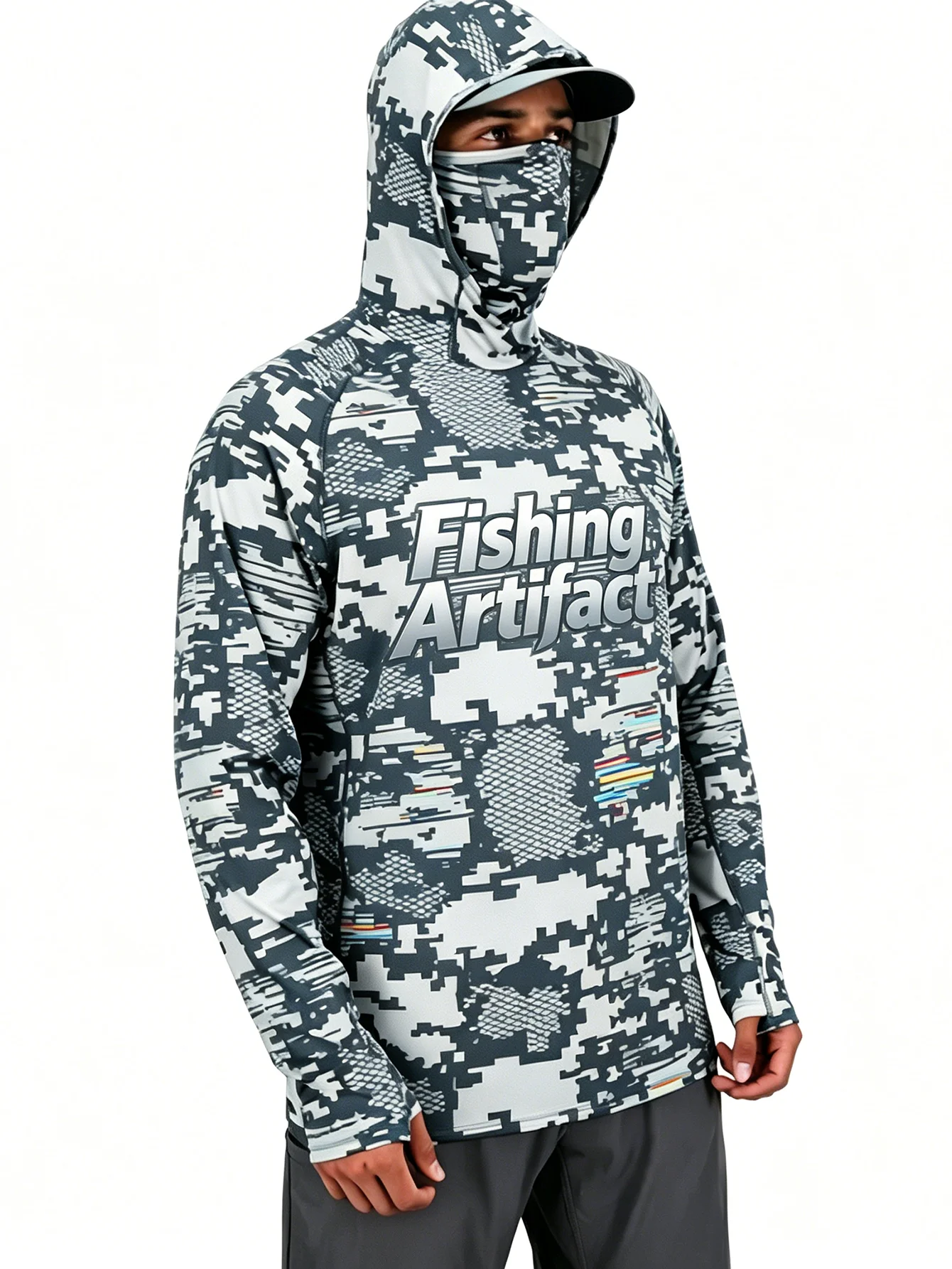 

Men‘s Long Sleeve Hooded Fishing Jersey, Built-in Face Mask with Letter Design, Breathable Quick Dry Lightweight Top