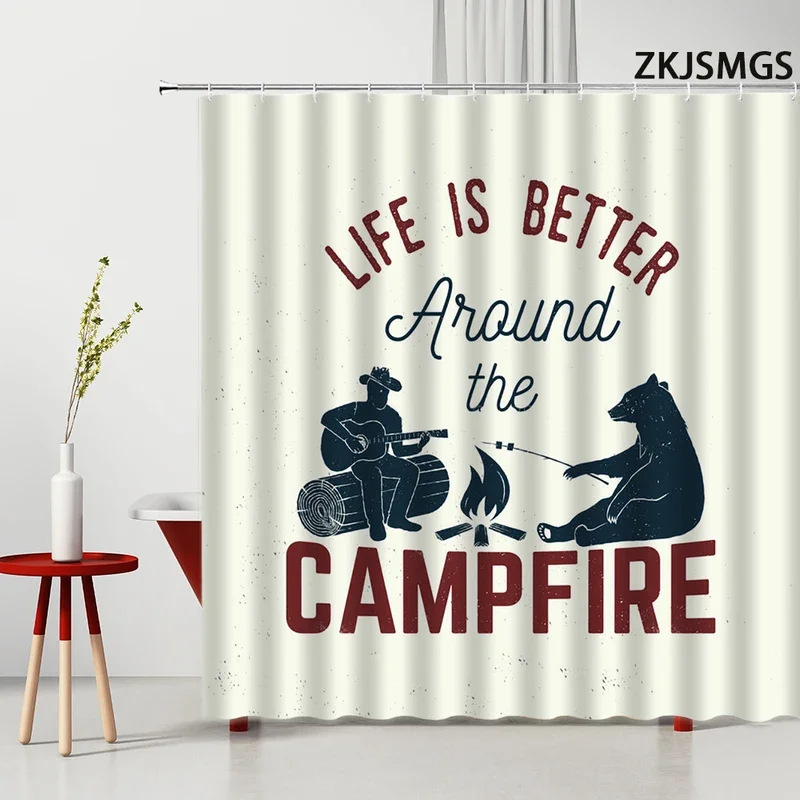 Funny Camper Shower Curtain Bear Camping Trailer Rv Tent Campfire in Forest Camp Bathroom Curtain Fabric Camping Shower Curtains