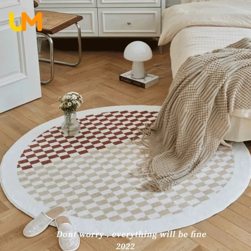 Plaid Round Living Room Carpet Modern Nursery Play Mat For Children Soft Baby Rug Plush Bedroom Rug Nordic Large Lounge Rug