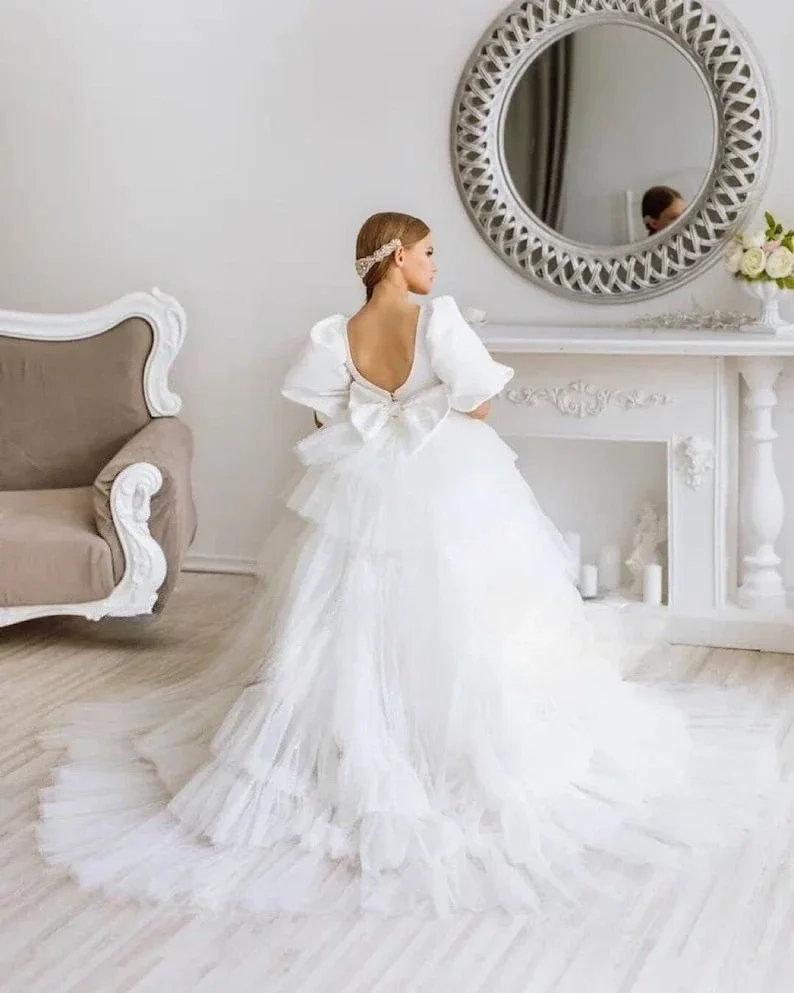 Tutu Flower Girl Toddler Satin Tutu Princess Dress Tulle Ivory with Train Girl Ball Gown Girls Dresses for Party and Wedding