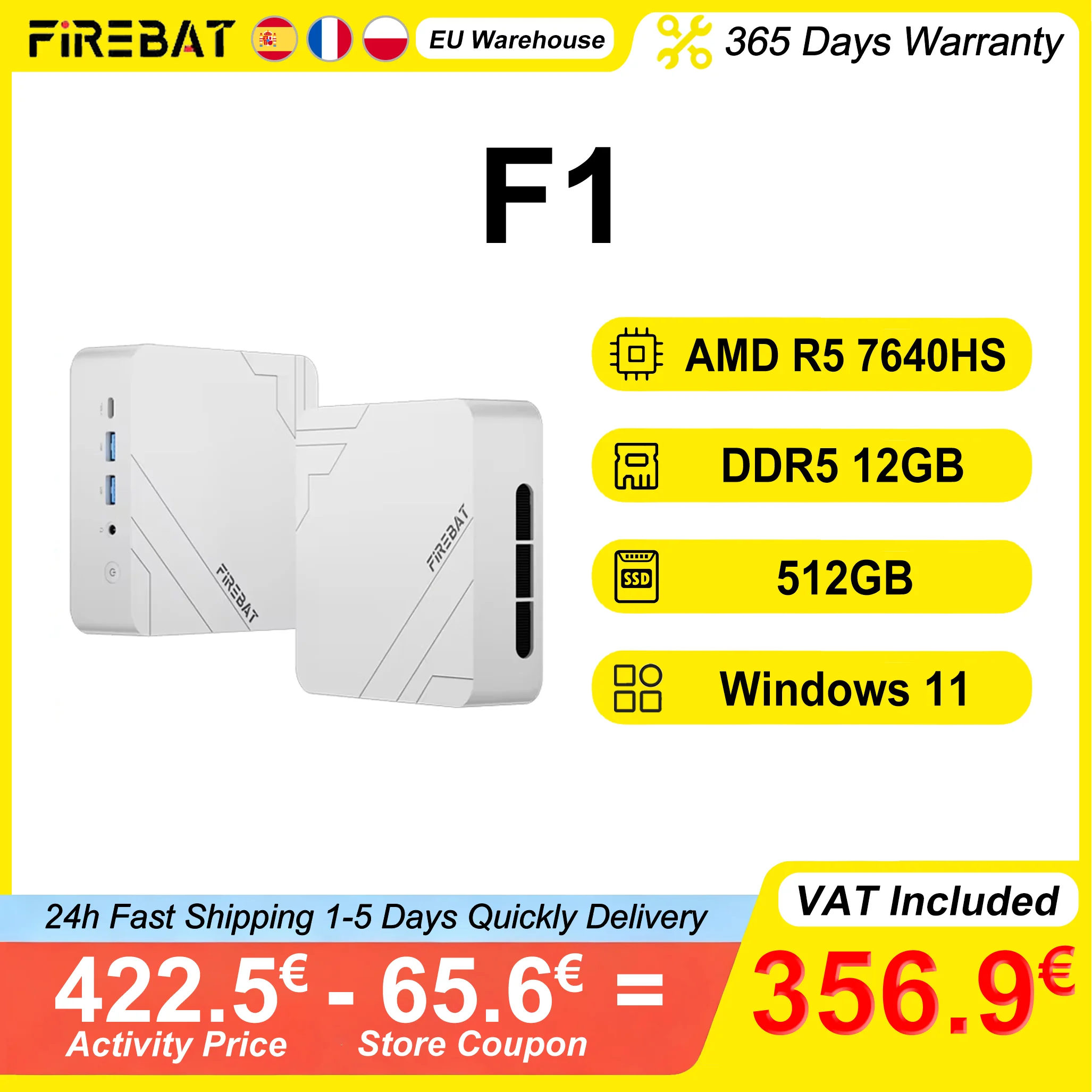 Firebat F1 Mini-PC AMD Ryzen 5 7640HS DDR5 12GB RAM 512GB SSD Windows 11 WiFi6 Bluetooth5.2 USB4.0 6 Kerne 12 Threads