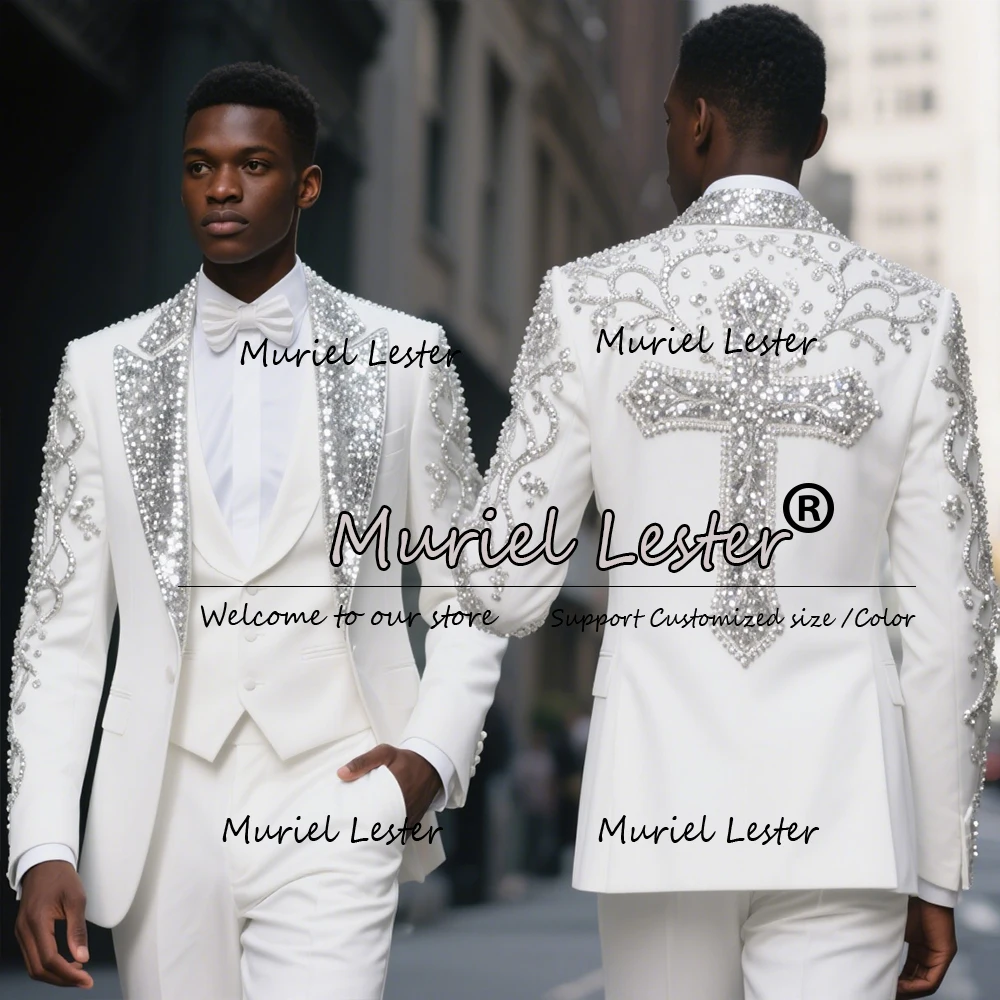 French Style Suits Men For Wedding Sparkly Sequins Lapel Groom Blazers Customized Man Banquet Tuxedos 3 Pieces terno masculino