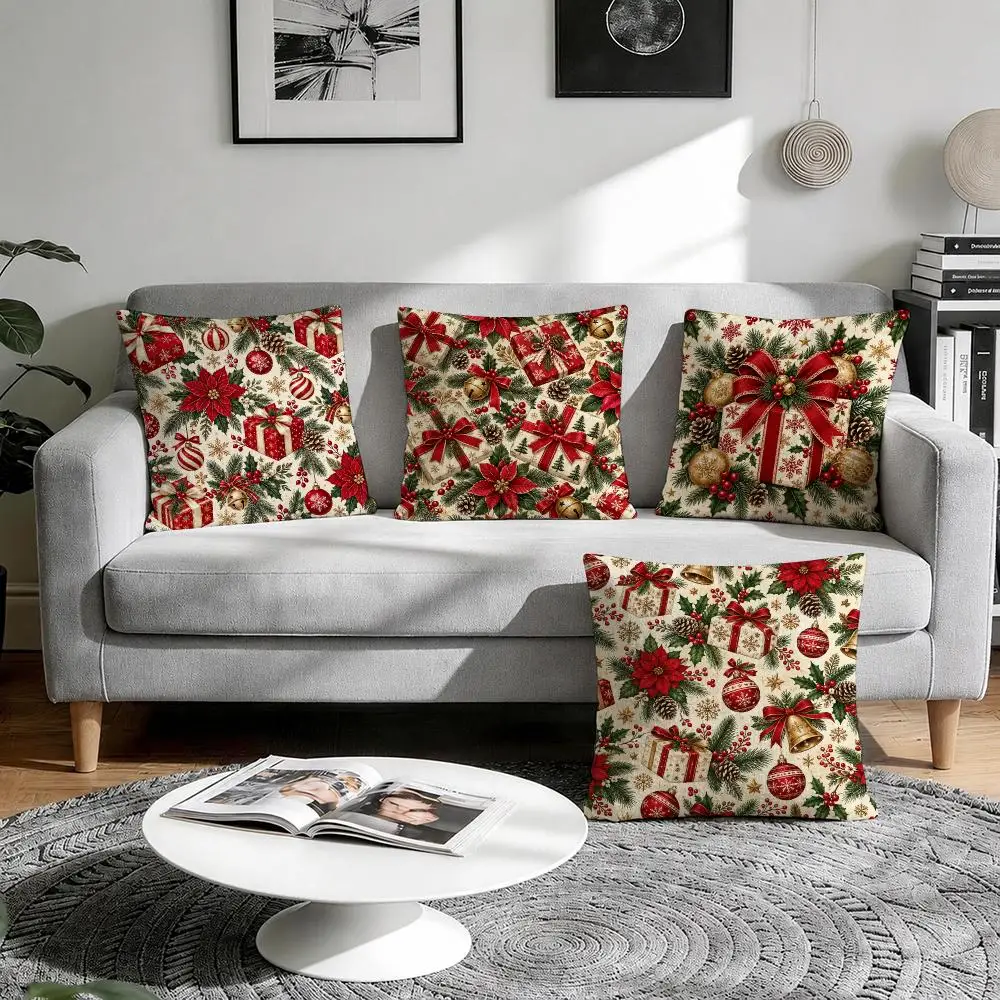 Christmas Gifts Cushion Cover 1/4Pcs Linen Throw Pillow Covers Double-Side Print Sofa Couch Living Room Decor