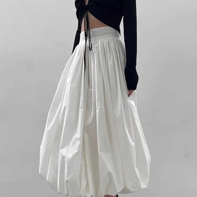 

Causal Solid Color Elastic High Waisted Half Length Skirt for Women 2025 New Pleated Long Skirts for Summer