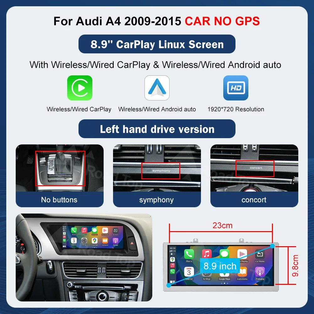8,9 inch 12,3 inch multimediascherm touchscreen voor Audi A4 S4 2008-2015 met Airplay, Miracast functie, draadloze Carplay en Android Auto