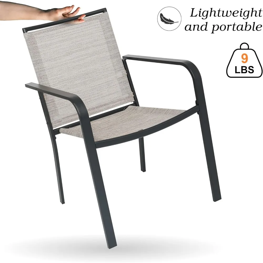 5-Piece Outdoor Patio Dining Set, 40-Inch Round Glass Table with 4 Stackable Chairs, Beige Grey