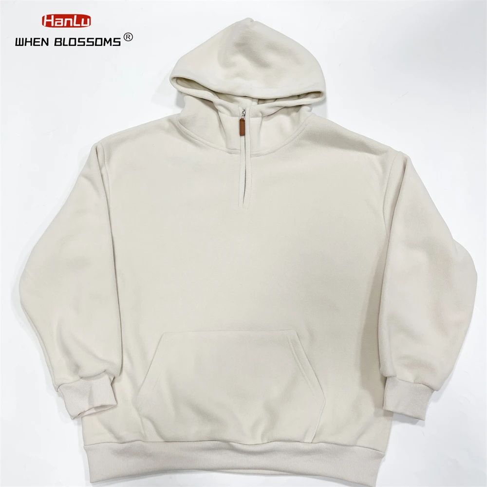 HANLU Half zipper Thick Fleece Hooded Sweatshirt For Men Autumn Winter Warm Solid Color Pullover Trendy Brand Hoodie Coats