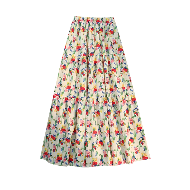 Seoulish Vintage Floral Skirts for Women 2024 New Summer Spring Pleated Patchwork High Elastic Waist Caual A-line Skirts Female