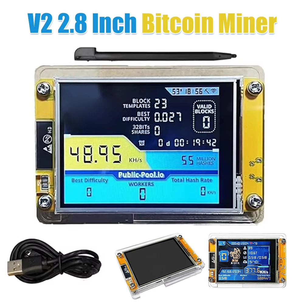 

Bitcoin Miner V2 2.8 Inch Display BTC Miner 900kh/s Crypto Bitcoin Mining Machine ESP32-WROOM-32 Bitcoin Miner Accessory