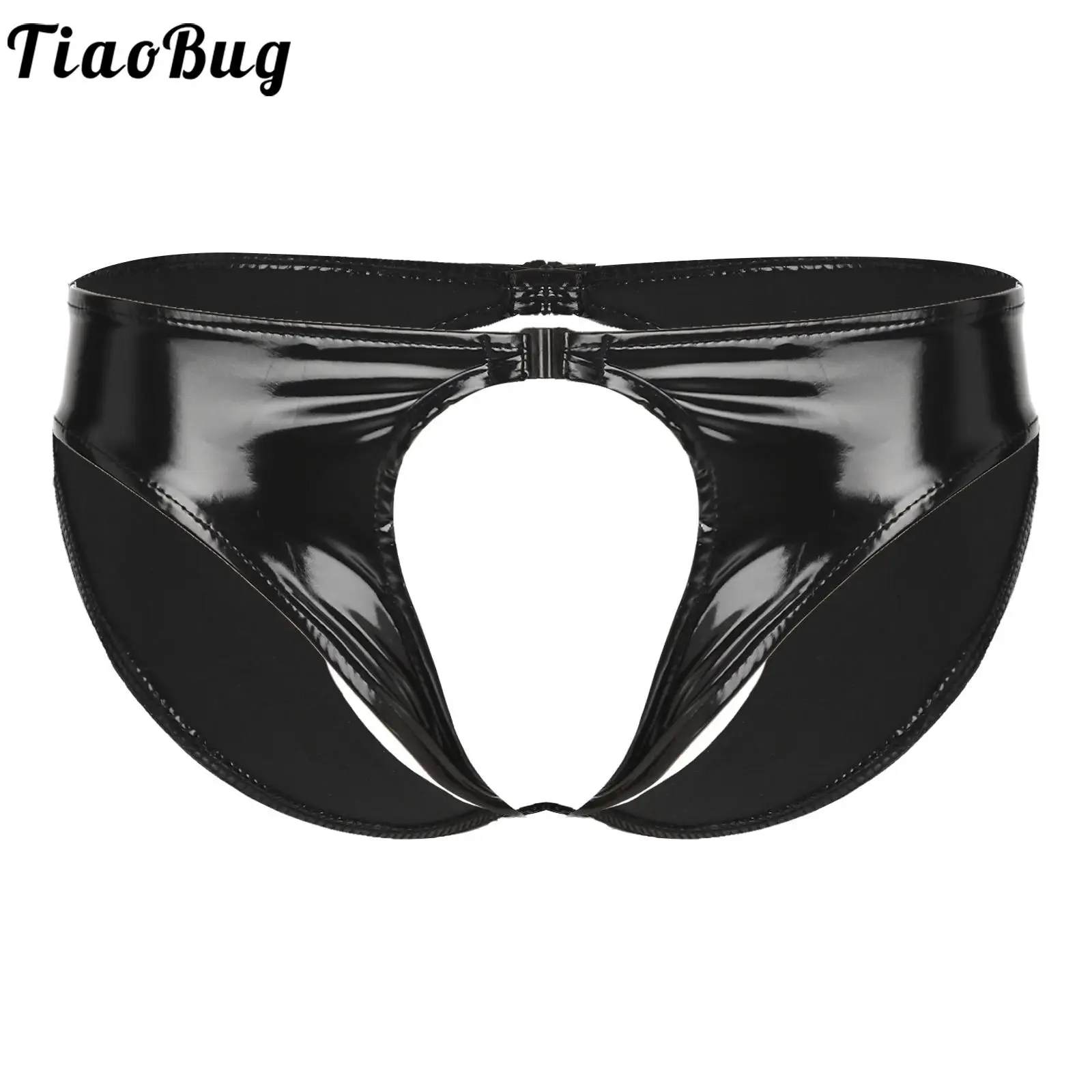 

Mens Wet Look Patent Leather Crotchless Thongs Low Waist Open Butt Briefs Cutout Erotic Underwear Panties