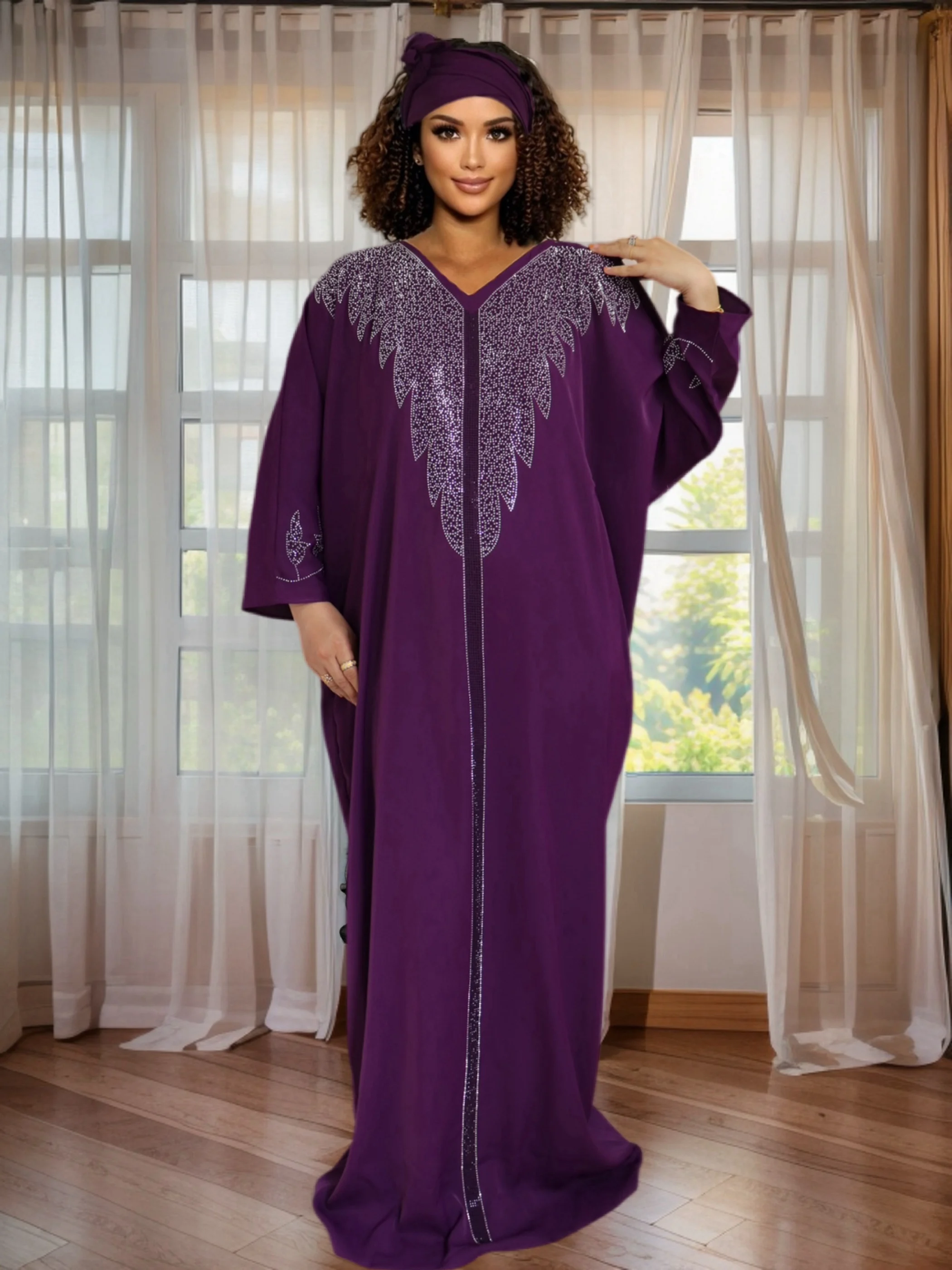 

Rhinestone Wedding Party Kaftan - African Print Beaded Long Gown for Women
