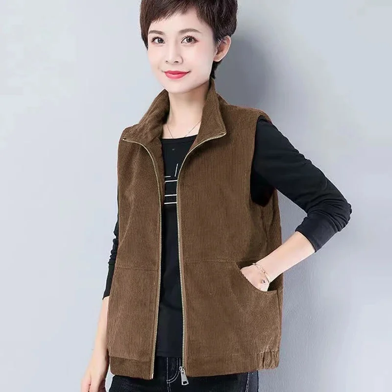 Ladies High End Vest Short Jacket Spring Women Corduroy Zipper Sleeveless Top Autumn Femme Fashion Large Size 4XL Waistcoat Coat